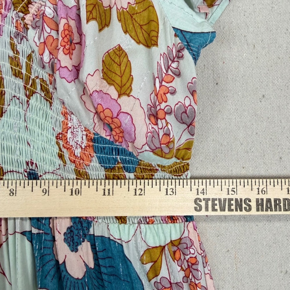 Floral Smocked Tiered Maxi Dress Blue Pink Orange Size M Cottage Core Fairy - Picture 9 of 10